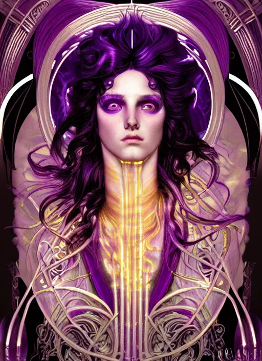 Image similar to the god zeus, portrait, wavy black electric hair, glowing eyes,, volumetric lights, purple and gold scheme, art nouveau botanicals, gothic, intricate, highly detailed, digital painting, artstation, concept art, smooth, sharp focus, symmetric face, illustration, steampunk, art by artgerm and greg rutkowski and alphonse mucha