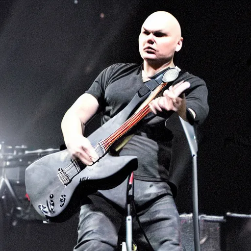 Prompt: Billy Corgan lifting heavy music gear