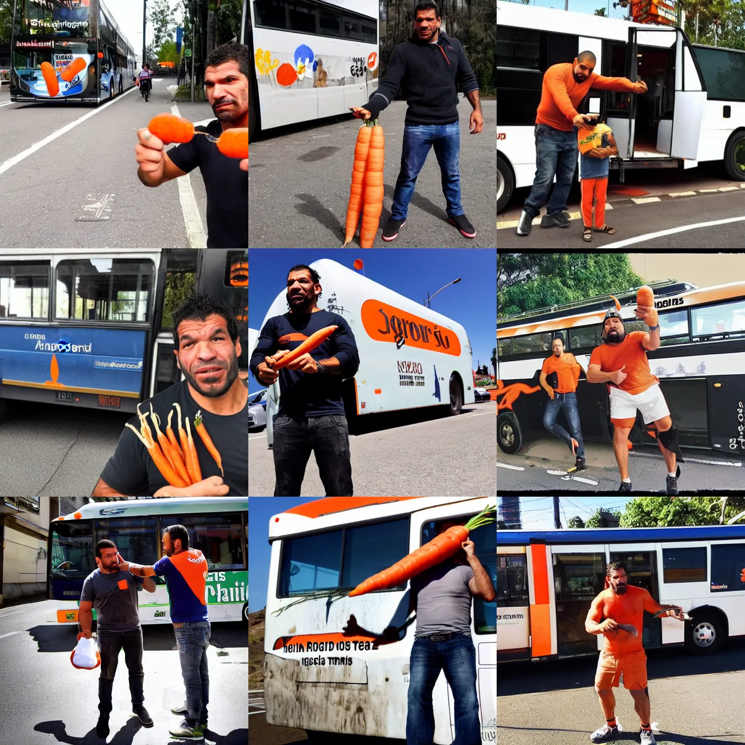 Prompt: antonio rodrigo nogueira holds a carrot up to a bus ; antonio rogerio nogueira pets the bus with his hand ; nogueira bros and a bus ; google street view