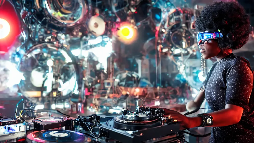 Image similar to a black woman wearing goggles and visor and headphones using an intricate clockwork record player turntable contraption, robot arms, turntablism dj scratching, intricate planetary gears, smoky atmosphere, cinematic, sharp focus, led light strips, bokeh, iridescent, black light, fog machine, hazy, lasers, spotlights, motion blur, color