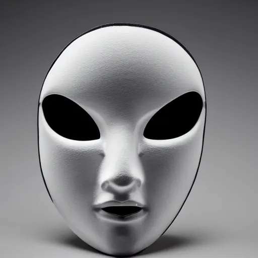 Prompt: professional photograph of a white porcelain mask, black background, light source on top, front view