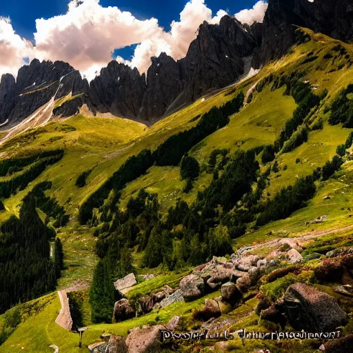 Image similar to wonderful narrow alpine mountain valley, swiss, soft dynamic clouds, astral appearance, cinematic light, sublime, colorful, light shafts, dramatic light, by august malmstrom, blake, best russian painters,, disney, global illumination, rule of thirds, perfect central composition