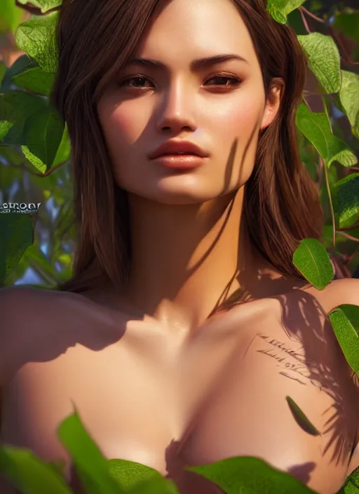 Image similar to photo of a gorgeous female in the style of stefan kostic, realistic, half body shot, sharp focus, 8 k high definition, insanely detailed, intricate, elegant, art by stanley lau and artgerm, extreme bokeh foliage