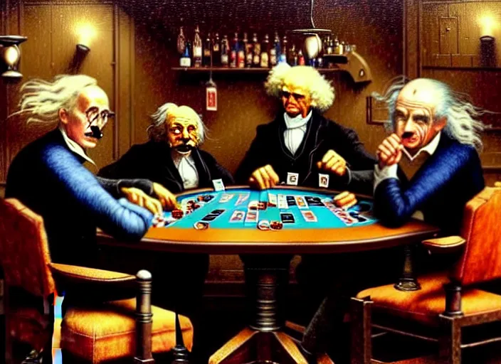 Image similar to isaac newton and stephen hawkins and albert einstein playing poker in an old west saloon, intricate, highly detailed, centered, digital painting, artstation, concept art, smooth, sharp focus, illustration, art by james gurney and norman rockwell and greg rutkowski