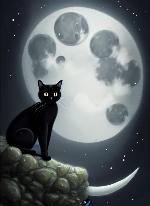 Image similar to black cat, moon, road, fantasy, intricate, elegant, highly detailed, lifelike, photorealistic, digital painting, artstation, illustration, concept art, smooth, sharp focus