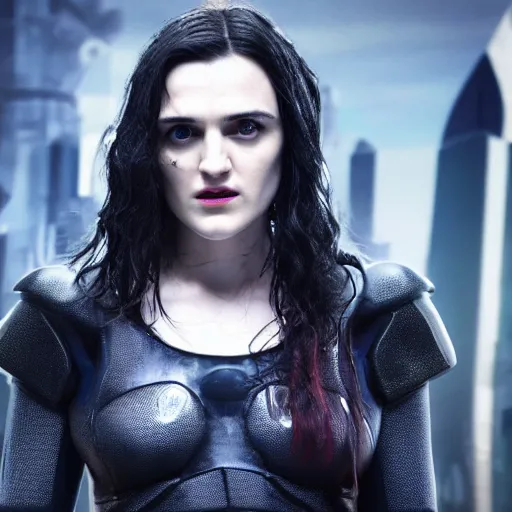 Image similar to Katie McGrath as Cyberpunk Morgana