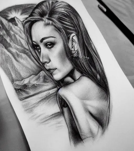 Prompt: tattoo design sketch of a beautiful woman portrait against a background of beautiful mountains and nature, hyper - realistic, in the style of den yakovlev, amazing detail, black and white