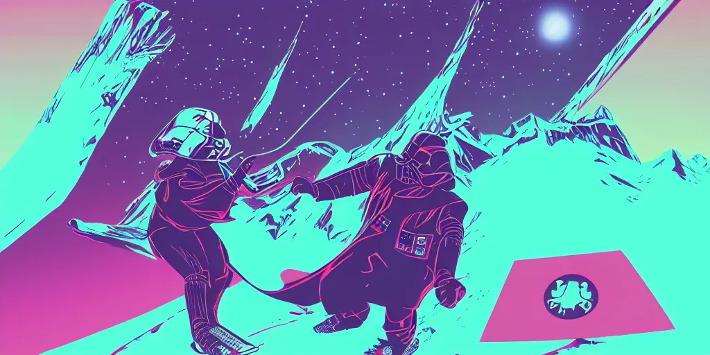 Prompt: darth vader snowboarding, vaporwave, vector graphics, synthwave, neon