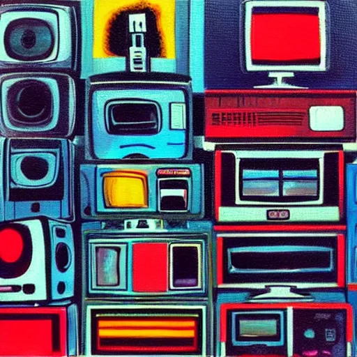 Image similar to furry, array of crt televisions, tv static, antenna, stacked, polaroid, steroids, adult video store, impressionist painting, painting, acrylic painting, cell shaded