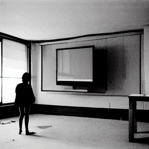 Prompt: empty room full of television screens, woman watching, shadow figure, 8 mm, analog, found footage