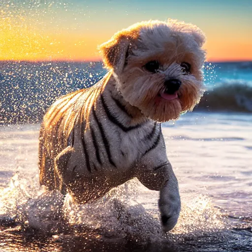 Image similar to a closeup photorealistic photograph of a cute smiling tiger bichon puppy splashing in the surf during sunset. professional capture, well lit shot. this 4 k hd image is trending on artstation, featured on behance, well - rendered, extra crisp, features intricate detail, epic composition and the style of unreal engine.