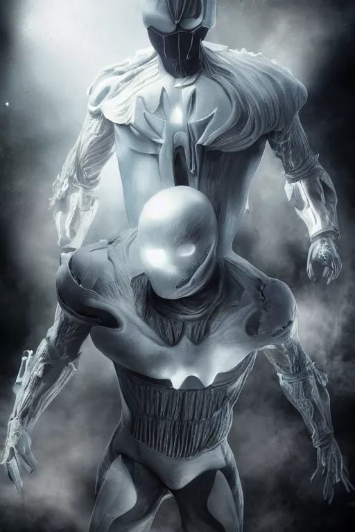 Image similar to hyperrealistic photography of Moon Knight mixed with Ghostrider style of Jin Kagetsu, patricia piccinini, James Jean and wlop, full-shot, merged character, 4k, highly detailed, cinematic lighting, photorealistic, 3d render, award winning render, unreal engine, masterpiece, octane render, sharp focus, studio lighting, 8k, hd