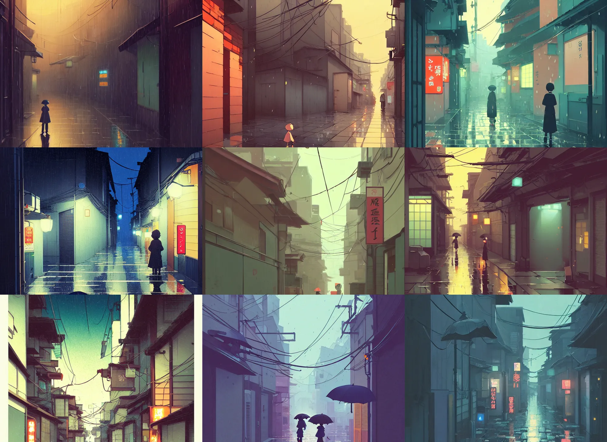 Prompt: tokyo alleyway, rainy day, by cory loftis, atey ghailan, makoto shinkai, hasui kawase, james gilleard, exquisite lighting, clear focus, very coherent, beautiful, lonely, peaceful, calm