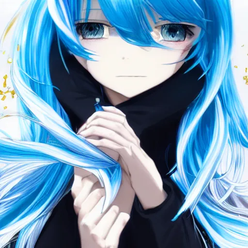 Image similar to profile shot of rimuru tempest, sky blue hair, ponytail, long bangs, gold eyes, black jacket with white stripes and a high collar, highly detailed, roman city, professional art, concept art, stock photo, cinematic, wlop | art by pixiv, ilya kuvshinov, greg rutkowski, yoshitaka amano