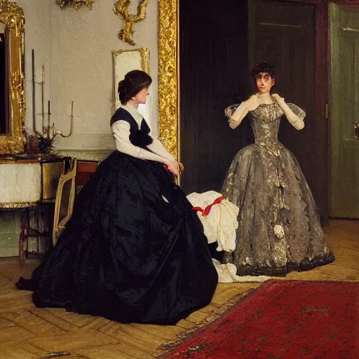 Prompt: young victorian lady in ball gown getting dressed, painted by alfred stevens