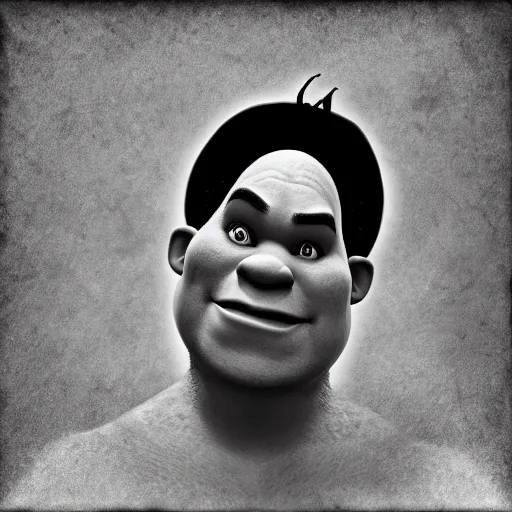 Image similar to shrek's dramatic photo, black and white, heavy grain