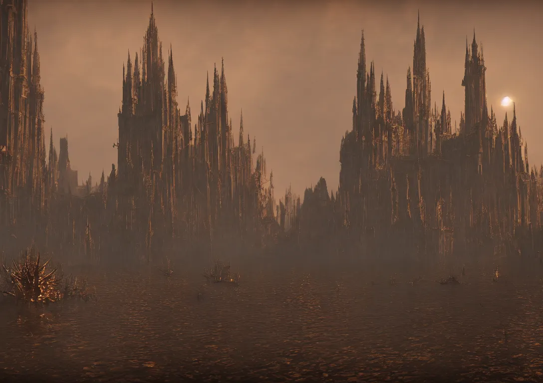 Prompt: the golden spires of the carcosa palace are illuminated by huge black sun, and the lake reflecting yhtill's remnants curled gunsmoke. 8 k, bloodborne cg style, unreal engine 5