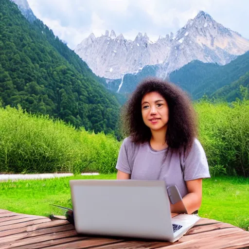 Prompt: female software developer sitting in front of a modern campus building and working on a laptop outside with mountains in the background in summer, alps, 4k, digital art, highly detailed, artstation, 8k, painting