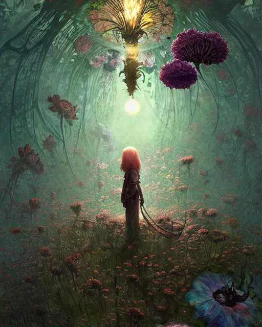 Image similar to the platonic ideal of flowers, rotting, insects and praying of cletus kasady carnage davinci dementor chtulu mandelbulb mandala ponyo the last of us dinotopia the witcher, fantasy, ego death, decay, dmt, psilocybin, concept art by greg rutkowski and simon stalenhag and alphonse mucha