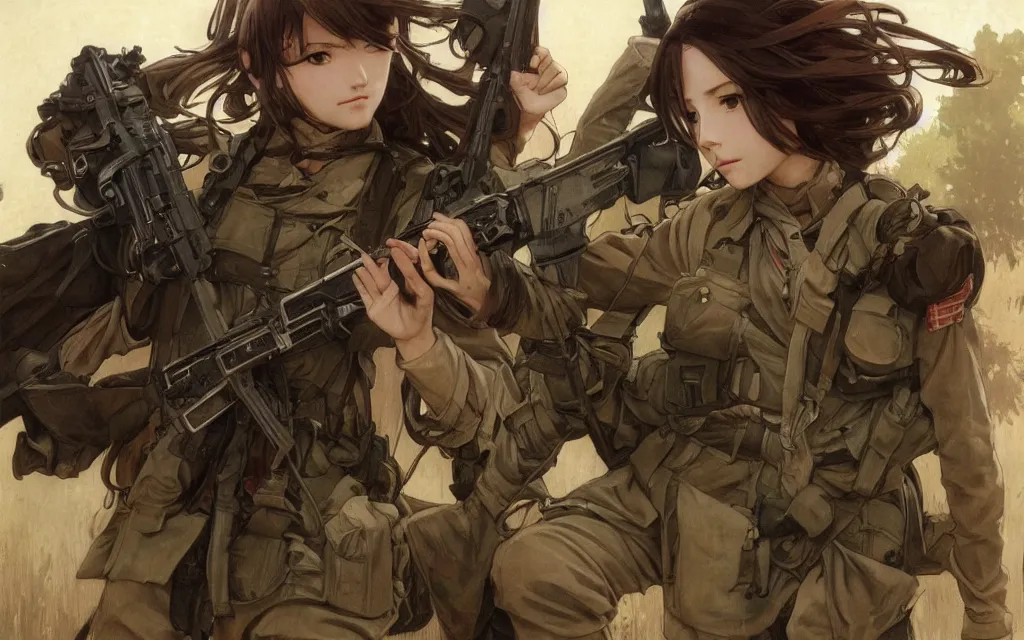 Prompt: war movie scene, infantry girl, anime style, long hair, hair down, symmetrical facial features, explosions, from girls frontline, hyper realistic, pale skin, rule of thirds, extreme detail, realistic lighting, detailed drawing, trending artstation, hd, d & d, trading card, by alphonse mucha, greg rutkowski, sharp focus, backlit