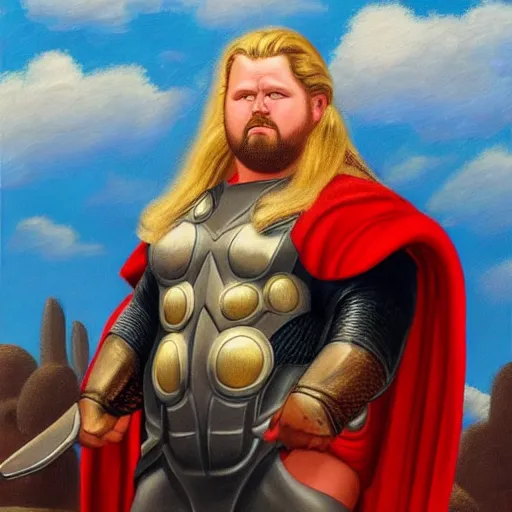 Image similar to Fernando Botero painting of Thor from MCU, high definition art, extremely detailed