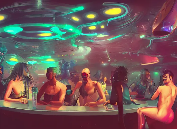 Prompt: highly detailed digital art, diverse, humans and aliens at a sci fi futuristic gay bar, laughing and having fun, making out, cg society, artstation
