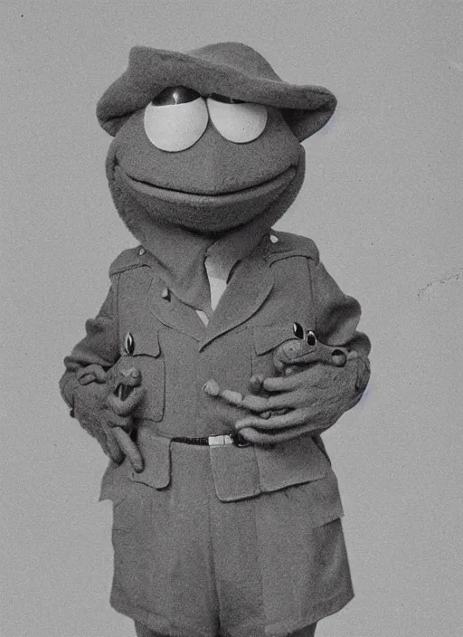 Image similar to grainy 1940’s WWII military portrait of an anthropomorphic frog muppet dressed like a soldier, professional portrait HD, frog, frog head, authentic, Kermit, muppet weird