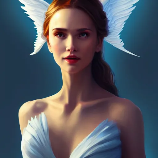 Prompt: 3 / 4 view of a portrait of a pretty woman with wings with wings, confident pose, digital painting, artstation, concept art, smooth, sharp focus, illustration, trending on artstation, highly detailed, concept art, moonlight, trending on artstation, imax 7 0 mm, h 6 4 0