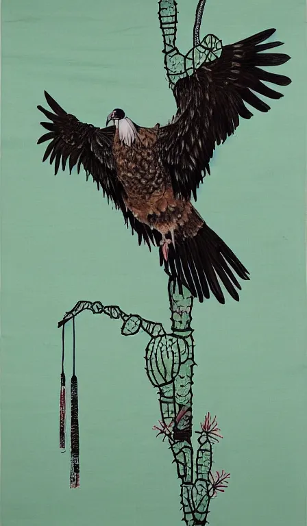 Prompt: Shen Quan's turkey vulture on cactus , hanging scroll, ink and colours on silk