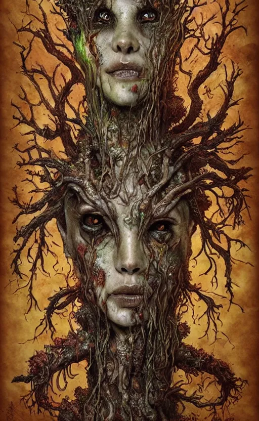 Prompt: rotten tree spirit dryad with a beautiful face and flaming mouth and eyes, mushrooms, fungi, lichen, sketch lines, graphite texture, old parchment, guillermo del toro concept art, justin gerard monsters, intricate ink illustration