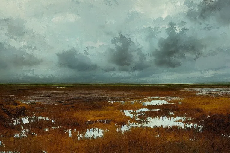 Prompt: painting of estonian bog landscape, by jeremy mann and greg rutkowski, dramatic, cinematic light, green, brown, blue, oil on canvas