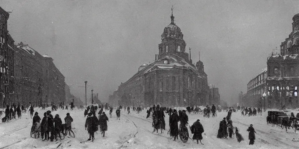 Image similar to Saint Petersburg in 1914 in winter, evening, guarded by a giant steam robot, Rozalski