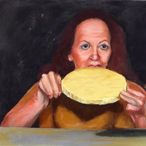 Image similar to marjorie taylor greene eating a large wheel of cheese,