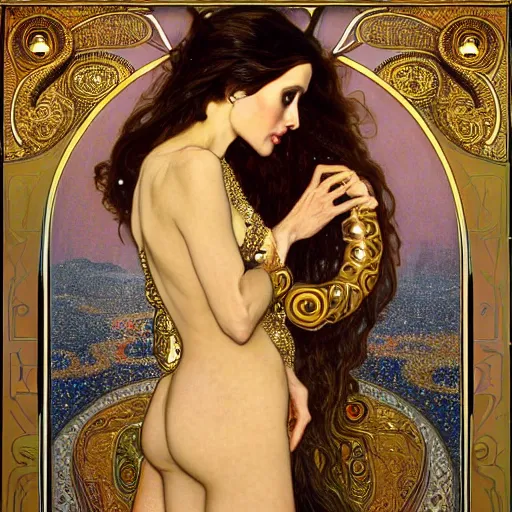 Image similar to realistic detailed dramatic symmetrical portrait of Angelina Jolie as Salome dancing, wearing an elaborate jeweled gown, by Alphonse Mucha and Gustav Klimt, gilded details, intricate spirals, coiled realistic serpents, Neo-Gothic, gothic, Art Nouveau, ornate medieval religious icon, long dark flowing hair spreading around her