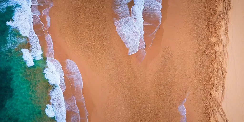 Prompt: aerial drone photograph of a beautiful beach in western Australia, high quality, award winning, red!! sand, golden hour, Canon EOS R3, f/1.4, ISO 200, 1/160s, 8K, RAW, unedited, symmetrical balance, in-frame