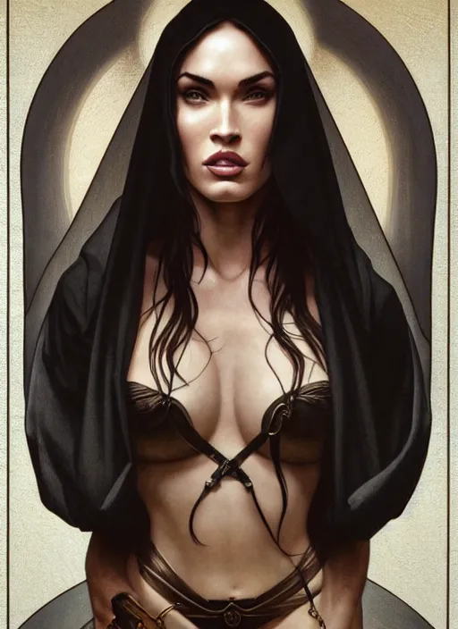 Image similar to portrait of megan fox as a sultry nun, catholic, church, bible, christian, intricate, headshot, highly detailed, digital painting, artstation, concept art, sharp focus, cinematic lighting, illustration, art by artgerm and greg rutkowski, alphonse mucha, cgsociety