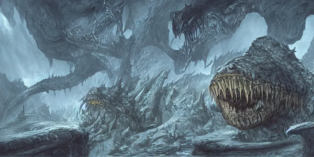 Image similar to artwork by john howe of the ruthless cavern leviathan