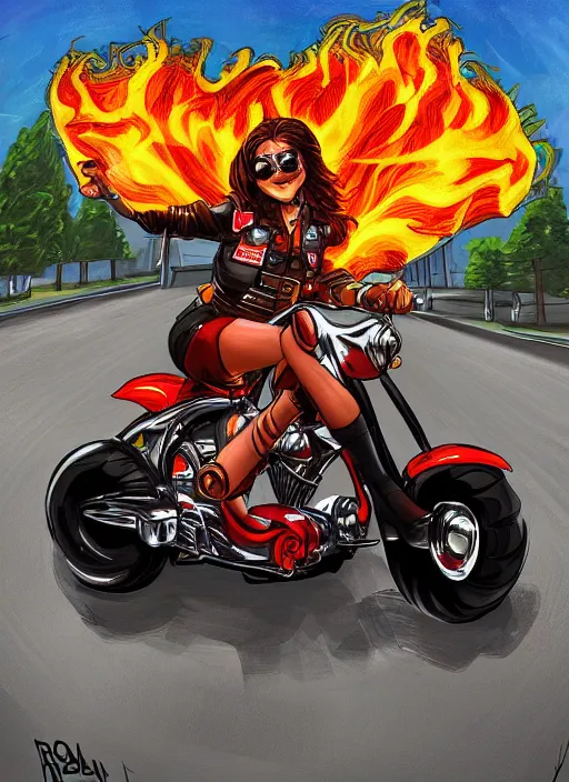 Prompt: a biker chick riding a hotrod muscle car down a street made of fire, digital painting masterpiece, by rockinjellybean