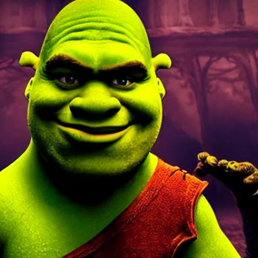 Prompt: shrek as a villain in a horror movie, directed by scott derrickson, found footage, evil and ominous