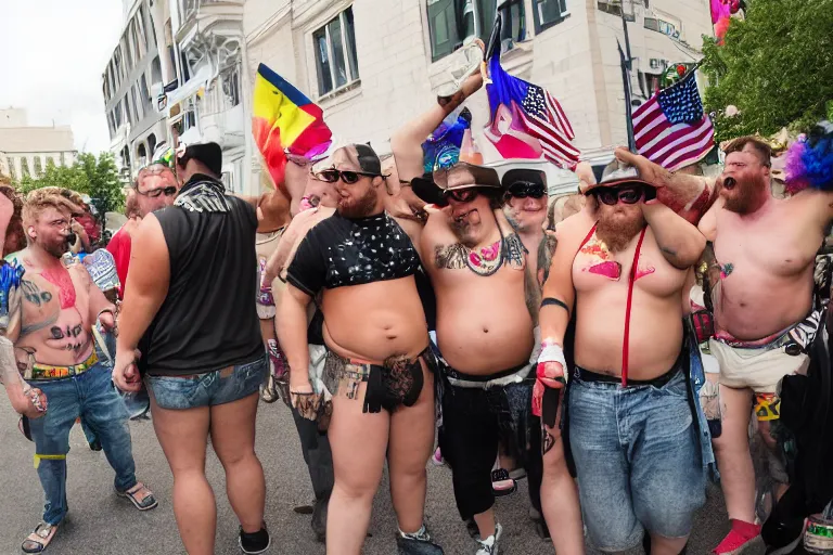 Prompt: pride party of fat racist rednecks, street photography, photojournalism