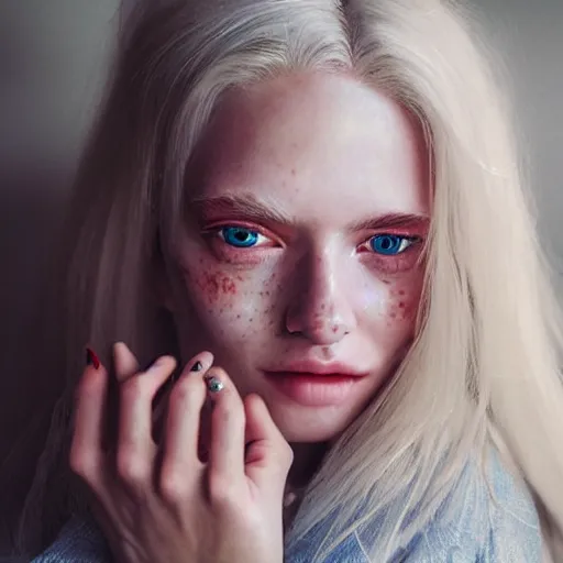 Prompt: intricate very detailed portrait of a cute thin young woman, long white hair, vivid blue eyes, red blush, light freckles, soft smile, casual clothes, relaxing on the couch, home interior, golden hour, close up shot, 8 k, art by irakli nadar, hyperrealism, hyperdetailed, ultra realistic