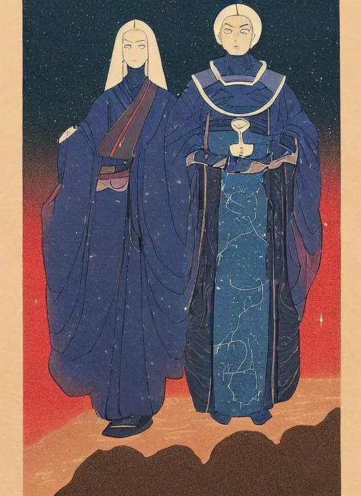 Image similar to portrait of emperor paul atreides and chani, dune, husband and wife, only 2 people, bright blue eyes, scifi, detailed, awe - striking, pious, space opera, in the style of yamato - e, traditional japanese painting, tosa school, tosa mitsuoki, tosa mitsunobu, iwasa matabei