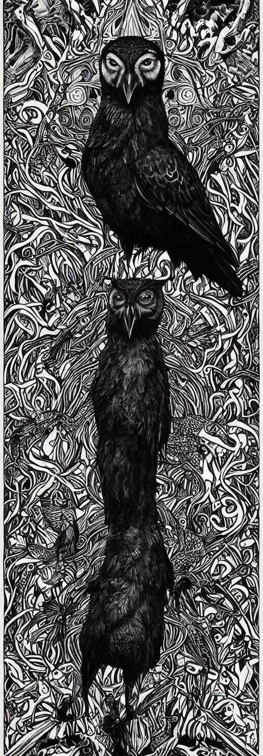 Prompt: psychedelic, monochrome artwork!!, raven, deer, in front of an owl that is a window into the ocean, typography, hr giger, didier comes, james jean, andreas rocha,