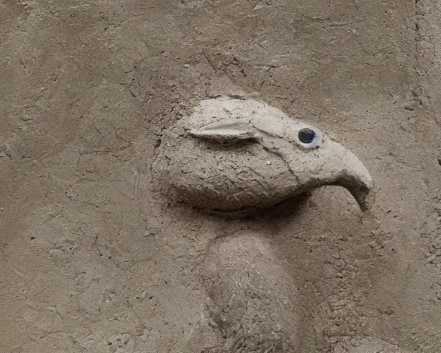 Image similar to an ancient effigy of an anthromorphic bird, clay sculpture, photograph, zoomed out