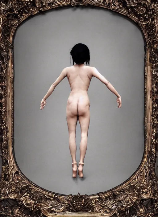 Image similar to a portrait of asian female by stefan geselle and nekro borja, photorealistic, intricate details, hyper realistic, fantasy, elegant, baroque, photorealistic, canon r 3, photography, wide shot, symmetrical features, symmetrical pose, wide angle shot, head to toe, standing pose, feet on the ground, wearable art