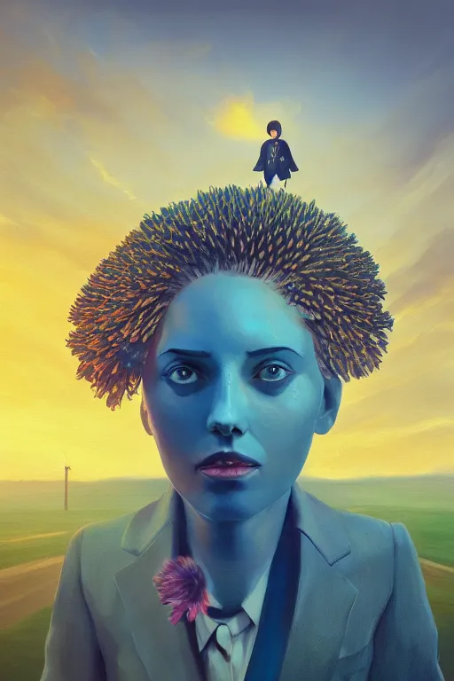 Image similar to closeup giant dahlia flower head, girl in a suit, street, surreal photography, blue sky, sunrise, dramatic light, impressionist painting, digital painting, artstation, simon stalenhag