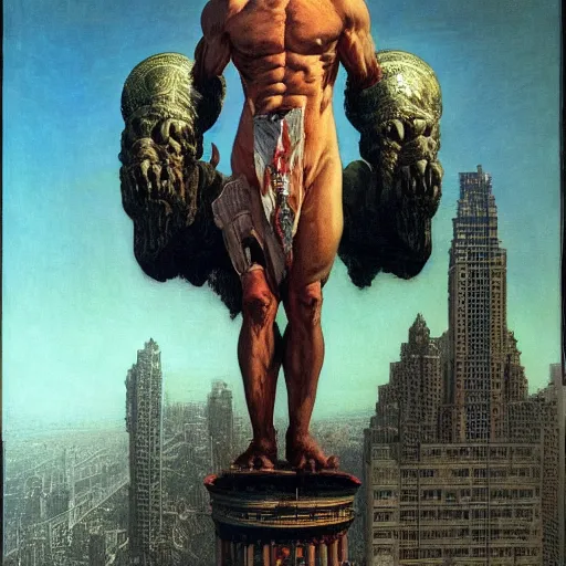 Prompt: immense, majestic, surreal, terrifying joe biden standing triumphant over the city, perfectly clear face, by j. c. leyendecker, bosch, and beksinski