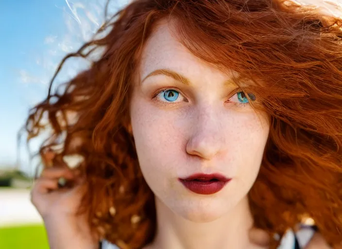 Image similar to close up portrait photograph of a thin young redhead woman with russian descent, sunbathed skin, with deep blue eyes. Wavy long maroon colored hair. she looks directly at the camera. Slightly open mouth, face takes up half of the photo. a park visible in the background. 55mm nikon. Intricate. Very detailed 8k texture. Sharp. Cinematic post-processing. Award winning portrait photography. Sharp eyes.