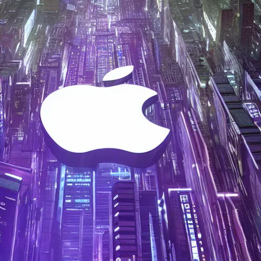 Prompt: A very Large Logo design of apple with openai in a Cyberpunk futuristic City