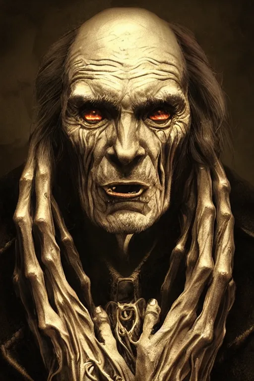 Image similar to portrait of a old vampire with long bear, intricate wrinkles, dystopian terror, night light, extremely detailed, hands, digital painting, lighting by candles, sculpted in zbrush, artstation, concept art, smooth, sharp focus, illustration, chiaroscuro lighting, golden ratio, incredible art by Stanley Artgerm Lau and Greg Rutkowski, composition by Alphonse Mucha and Simon Stalenhag